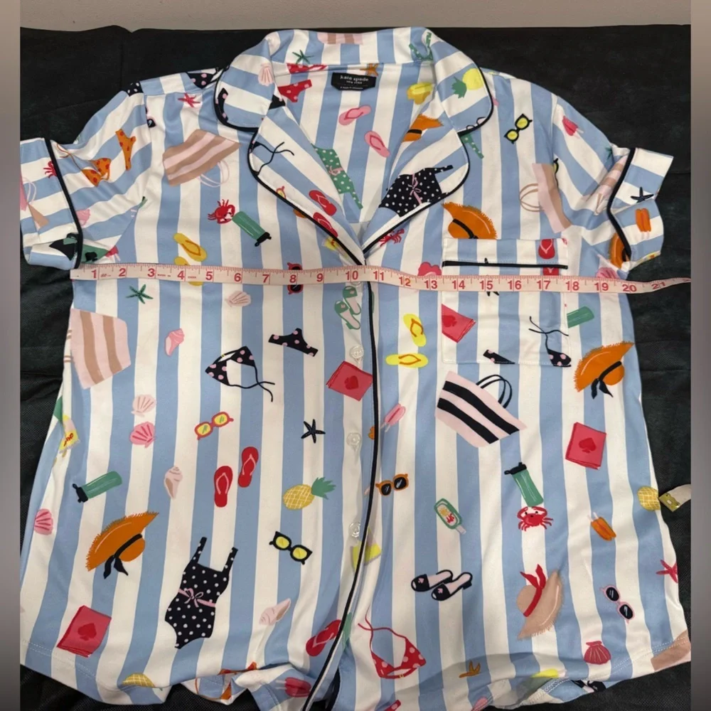 🔥Kate Spade Blue Striped Vacation Print Button-Up Sleepwear Top Size S EC🔥